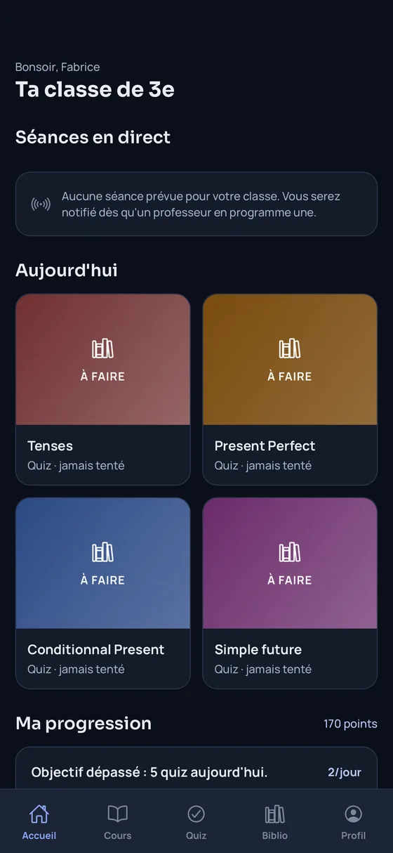 Accueil d'iSkul : les séances en direct prévues pour la classe, les quiz à faire aujourd'hui et la progression de l'élève en points.