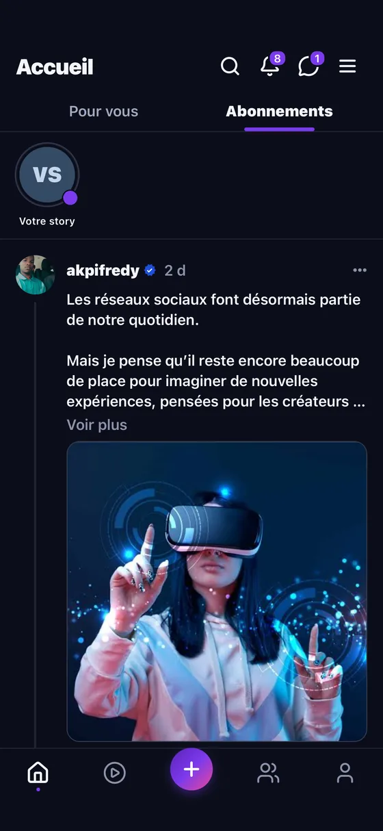 Fil d'actualité de Wiix, onglets « Pour vous » et « Abonnements », avec les stories en haut et une publication illustrée.